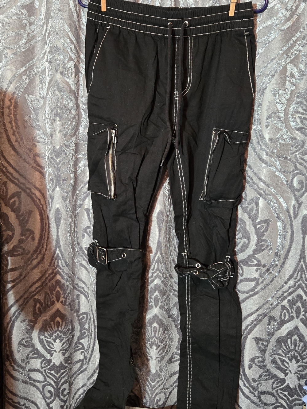 Hot Topic Black Cargo Pants with White Contrast Stitching